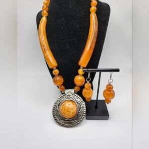 Orange Nepal Tibetan Ethnic Inspired Tribal Statement Necklace & Earrings set